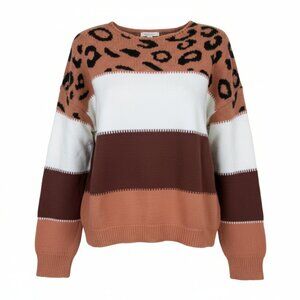 Colorblock Leopard Print Sweater Rust Brown Cream Cozy Knit Top